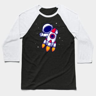 Astronaut Riding Rocket Cartoon Baseball T-Shirt